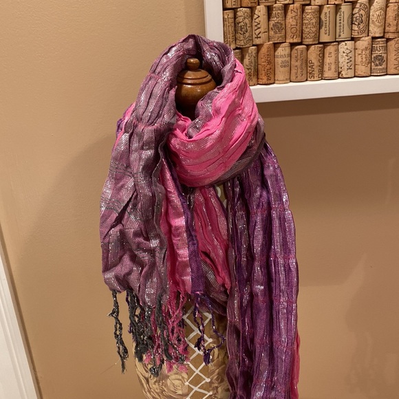Elizabeth Gillet Pink & Purple Silver Metallic Scarf.  66” length - Picture 2 of 13